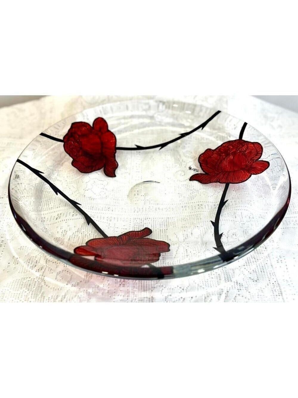Kosta Boda Tattoo Red Roses 15"Glass Bowl - Ludvig Löfgren Sweden 2010 Art Glass